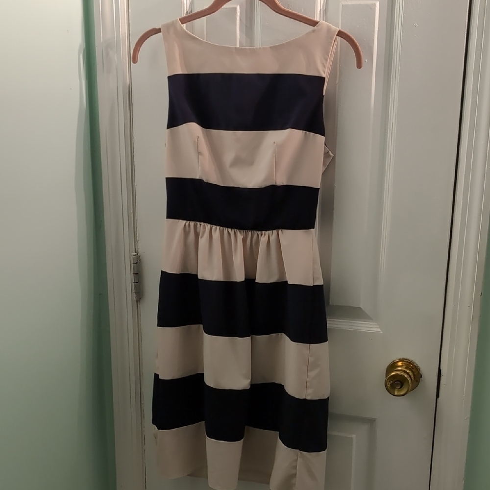 B Darlin Navy Blue and Cream Striped Midi Dress